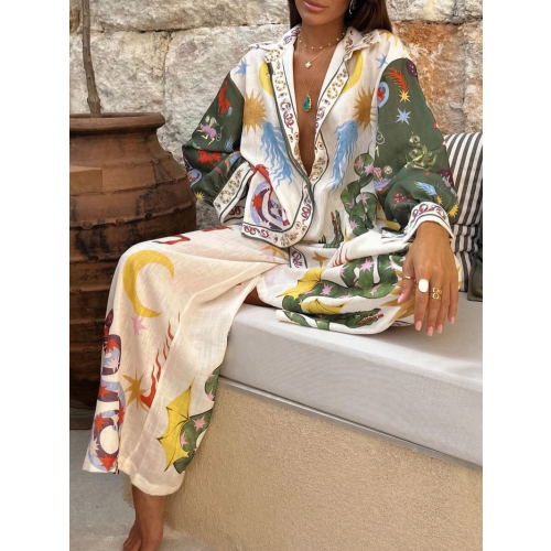 LikeMyChoice 2026 Women's Beauty Unique Print Long Sleeve Shirt & Elastic Waist Pants Set Casual Chic Breathable Fashion 2 Piece Outfit for Daily Wear 2 piece sets women outfits women matching sets women comfort sweat set Womenswear Clothes Loose Chic - T