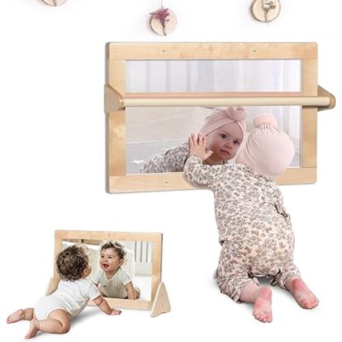 KRAND 3-in-1 Baby Montessori Wooden Frame Non-Shatter Safety Mirror w/ 2 Pull Up Bars, Infant Coordination Small Mirror for 6-18 Months