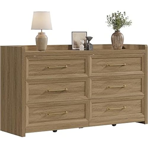 SICOTAS 6 Drawer Dresser for Bedroom - 56.4" Wide Wooden Chest of Drawers, Long Nursery Dresser TV Stand with Drawers, Modern Large Clothes Storage Dressers for Closet Living Room Hallway, Brown Oak