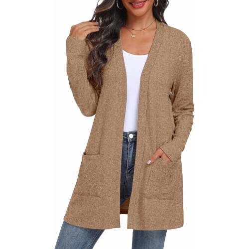 JWD Women's Cardigan Open Front Lightweight Cardigan Long Sleeve Sweater Cardigans with Pockets Khaki M