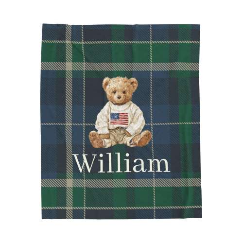 Personalized Velveteen Plush Blanket with Teddy Bear Design, Cozy Throw for Kids, Nursery Decor, Baby Shower Gift, Custom Name Blanket