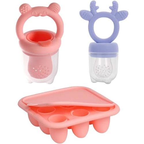 Silicone Baby Fruit Feeder Set with Freezer Tray, 2 Pack (Pink)