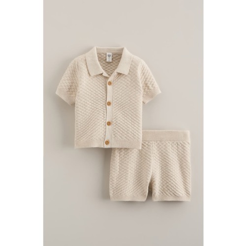 Short Sleeve Knit Button-Up Shirt & Shorts Set