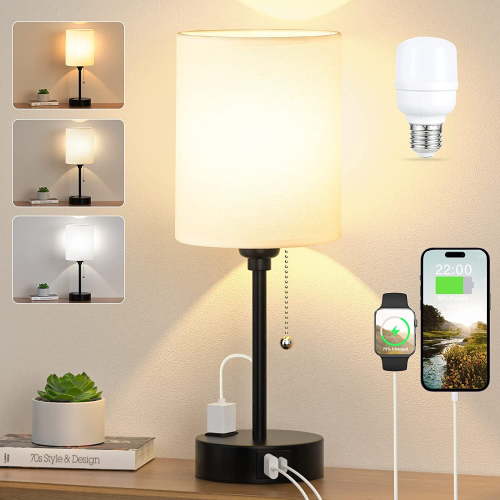 CAALOGT Table Lamp with USB Ports, AC Outlet, 3 Color Temperatures, 14.6 inch Bedroom Lamp