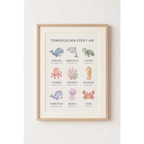 THROUGH HIS EYES I Am Ocean Animal Nursery Art, Watercolor Sea Creatures Bible Verse Print, Christian Kids Affirmation, Ocean Nursery Decor