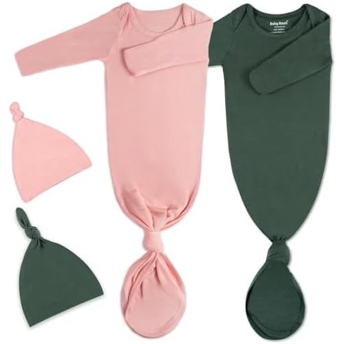 2Pack Knotted Gown Baby, Super Soft Long Sleeve Newborn Hospital Outfit Boy Girl Coming Home, Built-In Mittens Clothes