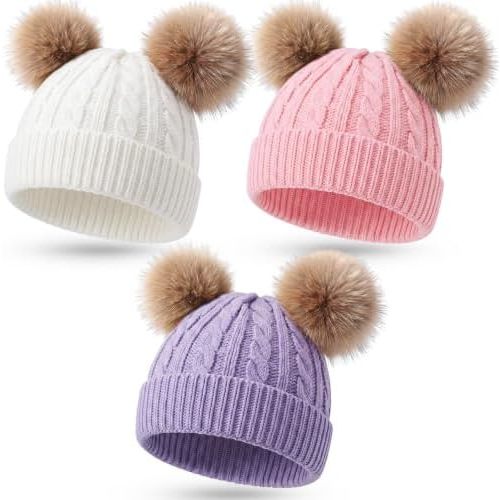 Geyoga Kids Toddler Winter Pompom Hat Baby Knitted Beanie Hat Faux Fur Pom Beanie Cap for Girls Boys 1-3 Years Old