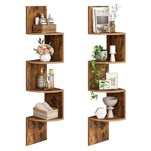 HOOBRO Corner Shelf Wall-Mounted, Set of 2 Floating Corner Shelves for Wall, 4-Tier Corner Bookshelves for Living Room, Bedroom, Bathroom, Home Office, Rustic Brown BF25BJP201