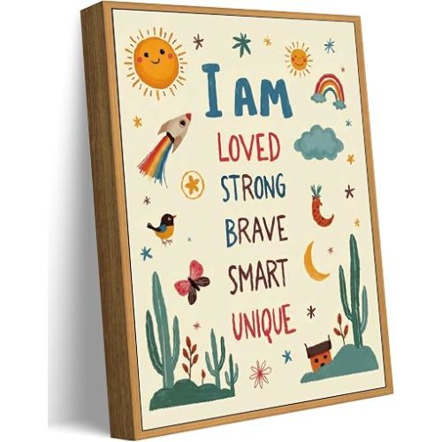 Framed Boho Kids Affirmation Wall Art, Colorful Positive Quotes Nursery Wall Decor Painting, Cute Desert Cactus Rainbow Art Print for Baby Bedroom Playroom Decoration, 8x10in