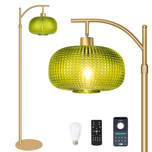 Duoled Modern Floor Lamp for Living Room, Mid Century Tall Standing Lamp Green Glass Lamp Shade, Dimmable Gold Tall Pole Lamp for Bedroom Office with Remote, 1 x 12W LED Edison Bulbs Included