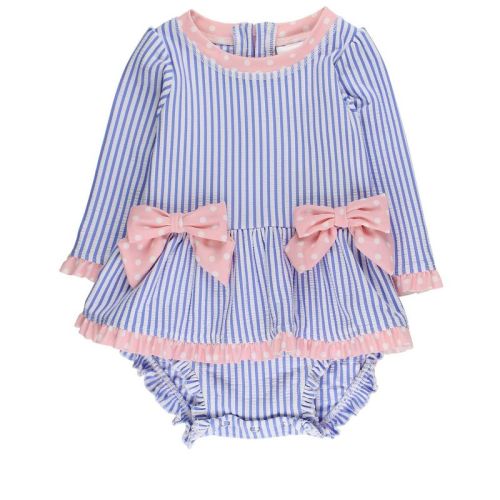 RuffleButts UPF50+ Baby Girls Seersucker Long Sleeve One Piece Bow Peplum Rash Guard Swimsuit - Periwinkle Blue Seersucker, Newborn