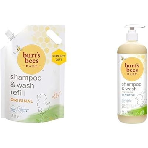 Burt's Bees Baby Shampoo and Wash Refill Bag 33.8oz + Fragrance Free Shampoo and Wash Set 21oz for Sensitive Skin