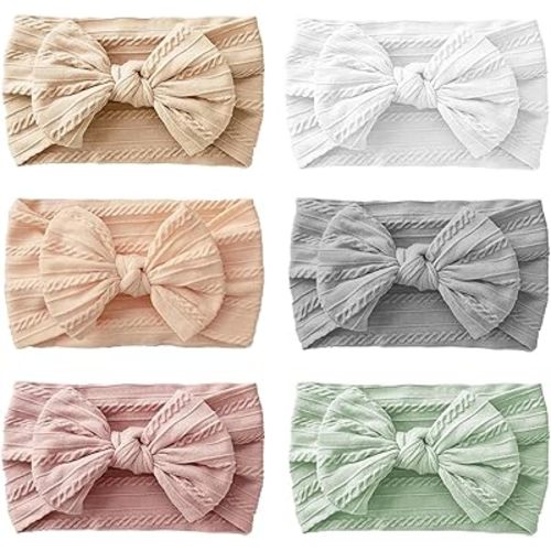 Baby Headbands, Girls Headbands with Bows with Bows, Soft Stretchy Nylon Hair Bands Hair Accessories for Newborn Infant Toddler (6 Pack,Bow,Green)