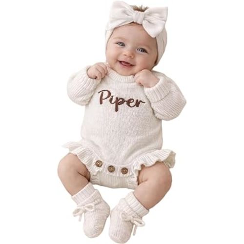Personalized Embroidered Baby Outfit Set,Custom Name Baby Romper Set,Straight or Ruffle Knit Sweater with Hat Headband and Booties,Newborn Announcement Outfit Girl Boys