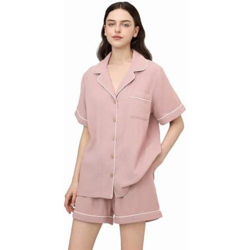 CLOUDCOVE Pajamas for Women Set 100% Gauze Cotton Linen Feel Pajama 2 Piece Sleepwear Nightwear Soft Button Pjs Lounge Set