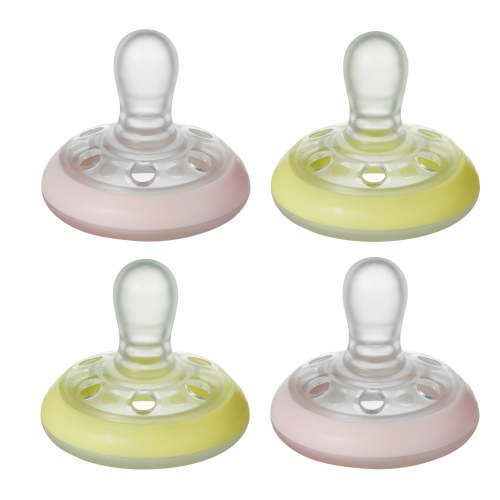 Tommee Tippee Breast-Like Pacifier Night, Glow in the Dark, Skin-Like Texture, Symmetrical Design, BPA-Free Binkies, 0-6m, 4-Count, Pink/Yellow
