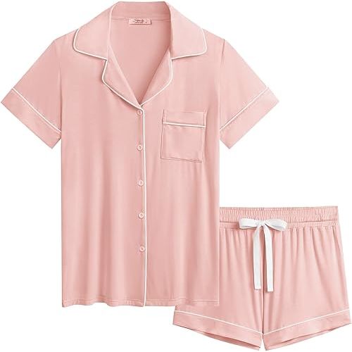 Joyaria Womens Cooling Bambo Viscose Pajamas Short Sleeve Button Down Pj Shorts Set Ultra Soft Summer Sleepwear-Small-XXL