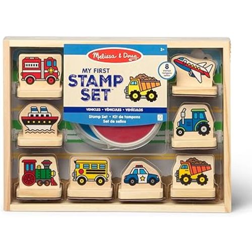 Melissa & Doug My First Wooden Stamp Set - Vehicles Kids Art Projects, Stamps with Washable Ink, Vehicle Toys for Kids Ages 4+