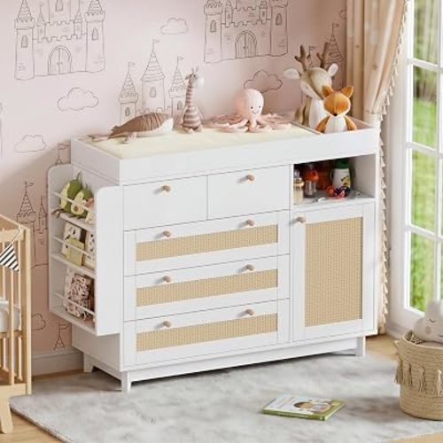 PAKASEPT Baby Changing Table Dresser,Nursery Station with 6 Rattan Drawers