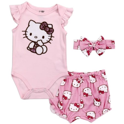 HELLO KITTY Newborn Girls 3-Piece Bodysuit, Short & Headband Set, Size 3M-6M-9M