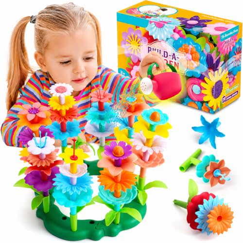 FUNZBO Flower Garden Building Toys Set - STEM Montessori Toys for Girls | Birthday Gifts for Age 3 4 5 6 7 8 9-12 Years Old Girl, Sorting & Stacking Spring Gardening Toy for Kids