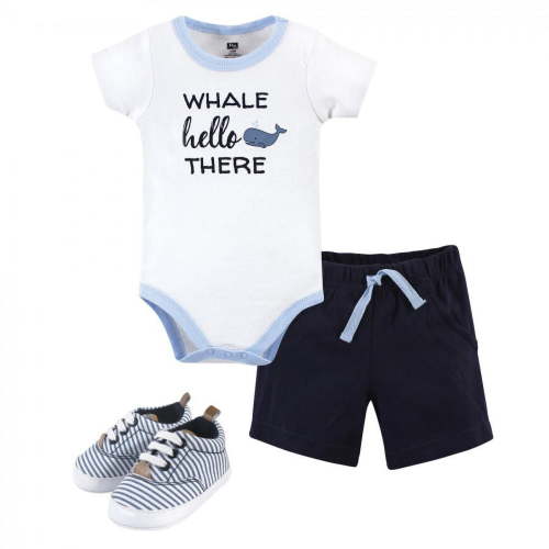 Hudson Baby Infant Boy Cotton Bodysuit, Shorts and Shoe 3pc Set, Whale Hello, 9-12 Months