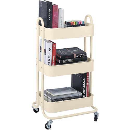 Melody House 3-Tier Metal Mesh Utility Rolling Cart Storage Organization Cart with Wheels, Beige