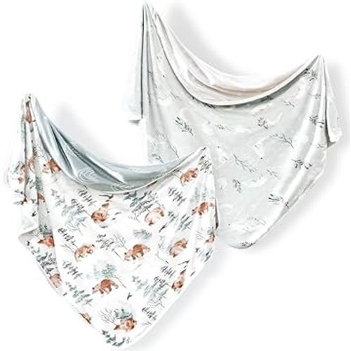 GRSSDER 2 Pack Super Soft Jersey Knit Swaddle Blankets for Baby Girls and Boys, Double Layer Reversible Receiving Blankets 34 x 44 Extra Large for Swaddling, Bear & Snow Wolf