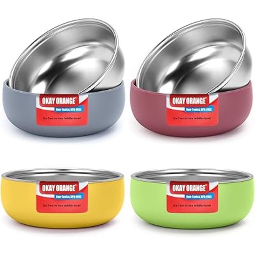 Non-Toxic Toddler Bowls with Non-Slip Base | Stainless Steel Baby Bowls for Kids | 5 Inch BPA-Free Dishwasher Safe Bowls | Mess-Free Feeding Supplies | 4-Pack Set