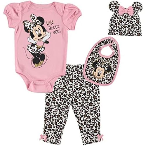 Disney Minnie Mouse Baby Girls Bodysuit Pants Bib and Hat 4 Piece Outfit Set Newborn to Infant