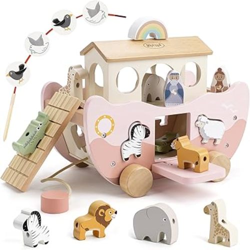 Joyreal Pink Wooden Noah's Ark Toy for 1 Year Old Baby Girl Baptism Gift - Montessori Educational Toy with Animal Shape Sorter - Christian Toys for Toddler Boy 1-3 Years Old Christmas Birthday Gift
