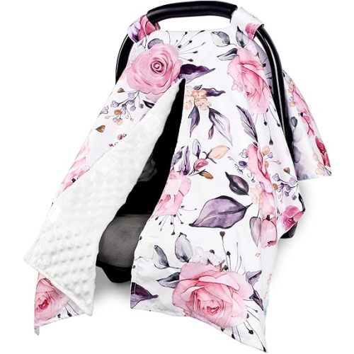 Baby Car Seat Cover, Breathable Infant Carseat Cover for Summer Peekaboo Opening Car Seat Canopy Cover, Nursing Cover for Baby Boys Girls (Pink Floral)