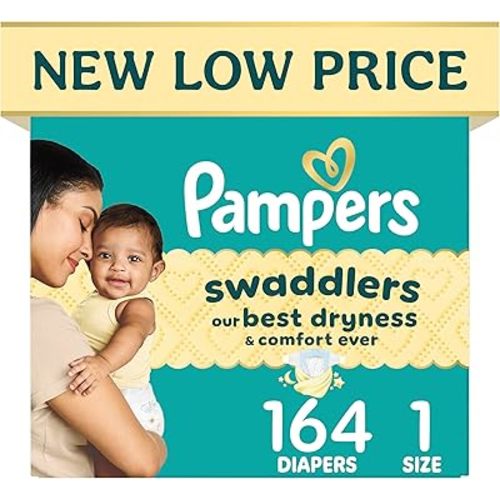 Pampers Swaddlers Diapers, Size 1 (8-14 lbs), 164 Count, Hypoallergenic, Absorbent, Keeps Baby Dry and Comfortable, Skin Safe Disposable Newborn Baby Diaper