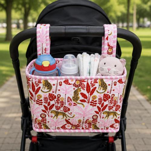 Handmade Quilted Cotton Stroller Organizer Bag | Floral Animal Print Pram Caddy | Baby Shower Gift