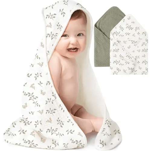 Konssy 2-Pack Muslin Hooded Baby Towels, 100% Cotton, Ultra-Soft & Absorbent Baby Bath Towels with Hood for Newborn & Infant (Fog Green, Sprout, 32" x 32")
