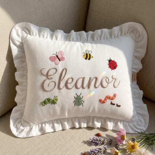 Embroidered Personalized Bug Ruffle Pillowcase, Custom Name Butterfly Bee Ladybug Cushion Cover, Cute Kids Bedding, Nursery Room Decor Gift