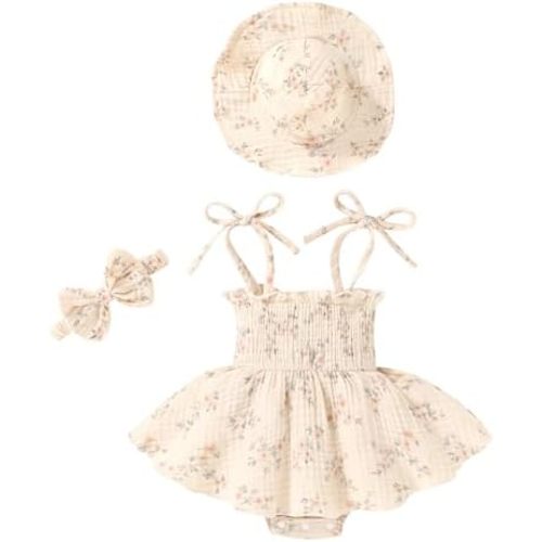 Happy Town Baby Girl Clothes Toddler Summer Sleeveless Romper Dress with Headband and Hat Cute Infant Jumpsuit Outfits