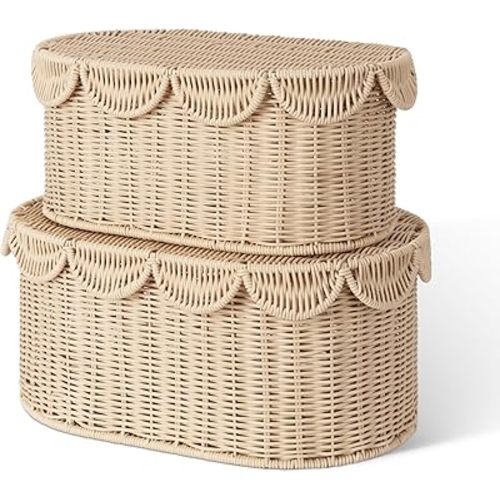 GRANNY SAYS Scalloped Basket with Lids, Woven Wicker Baskets for Organizing, Decorative Boxes with Scalloped Edge, Waterproof Wicker Box for Shelves, Bathroom, Living Room