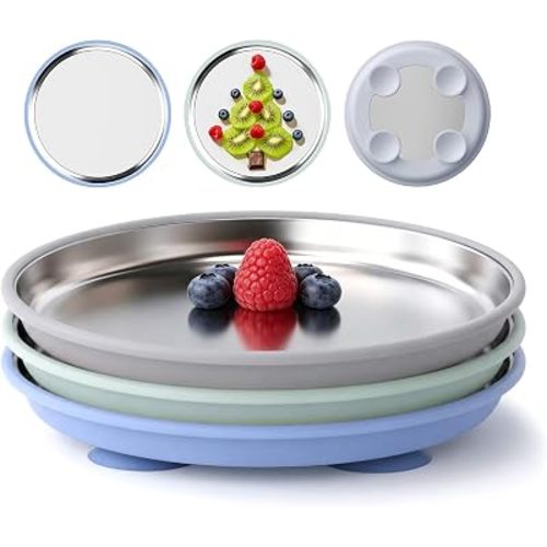 Bakpoco Stainless Steel Baby Plates with Removable Silicone Suction