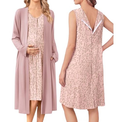 Ekouaer Labor and Delivery Gown and Robe Set for Hospital Nursing Nightgown | Open Back Birthing Gown, Maternity Nursing Pajamas Dress Breastfeeding, Button C Section Postpartum Clothes