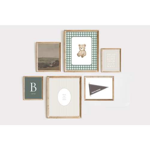 Vintage Teddy Bear Nursery Prints: Green Gallery Wall Art (Digital Download Set of 6