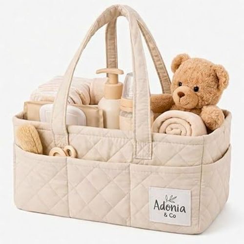 Adonia & Co Diaper Caddy Organizer – Large Nursery Storage Basket for Newborn Essentials – Portable & Machine Washable (Beige)