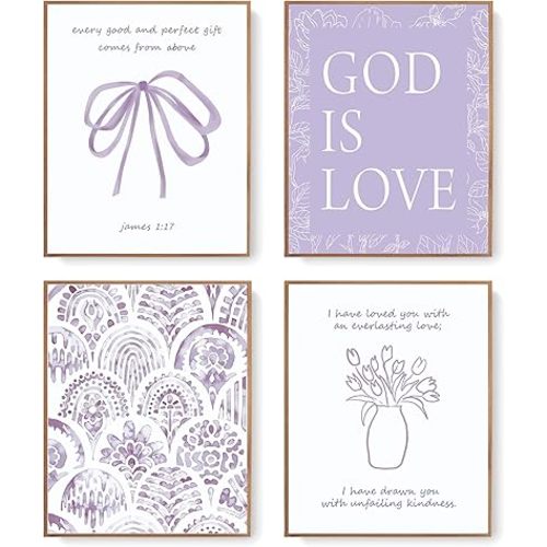 LARTSFRO Purple Bow Christian Wall Art Decor Posters Prints, Floral Scripture Inspirational Bible Verses Wall Decor Christian Gifts for Women, Bow Room Bedroom Bathroom Dorm Wall Art Decor Aesthetic for College Teen Girls Gifts, 10x8 Inch Set of 4 Pcs God