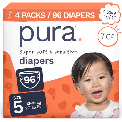 Pura Baby Diapers Size 5-96 Count, 27-35lbs, 12hr Leak Protection, Cloud Soft & Gentle Diapers for Hypoallergenic & Sensitive Baby Skin, Toxin-Free*, Organic Cotton, Blowout Blocker™, New Size Guide