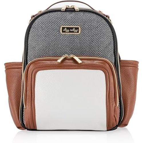 Itzy Ritzy Mini Diaper Bag Backpack 10 Pockets Changing Pad, Coffee & Cream | Chic Mini Plus Diaper Bag with 2 Insulated Bottle Pockets, Key Lanyard, Wipeable Changing Pad, Grab-Top Handle & Rubber Feet