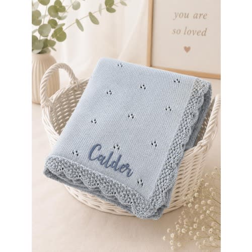 Personalized Knit Crochet Pointelle Baby Blanket, Embroidered Name Blanket, 100% Cotton Baby Blanket, Newborn Gift, Baby Shower Gift, Blue