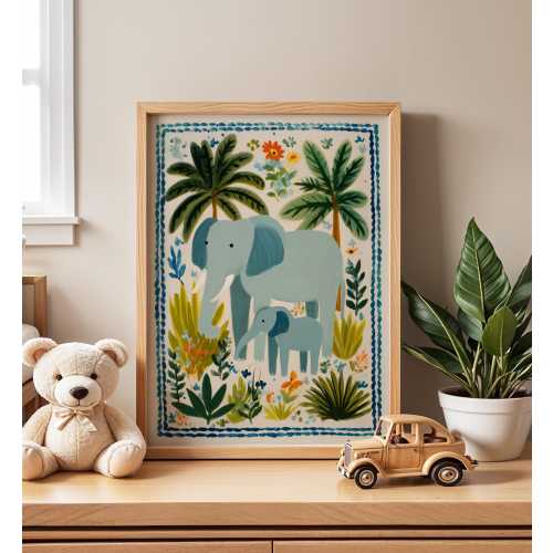 Elephant Nursery Wall Art, Jungle Animal Illustration, Safari Animal Print, Jungle Baby Room Decor, Gentle Kids Wall Poster, Family Art