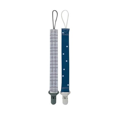 Nuby Pacifinder Baby Pacifier Clip - (2-Pack) - Pacifier Holder Clip with Convenient Hook Loop - Gray Plaid and Blue Stars