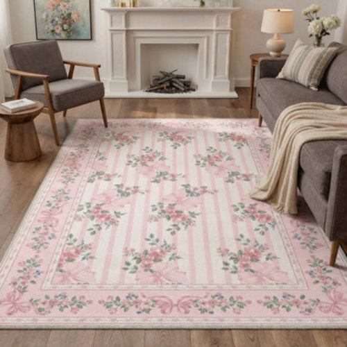Red Barrel Studio® Bloomere Floral Machine Washable Floral Bow / Petal Blush Indoor Area Rug With Non-Slip Backing | Wayfair