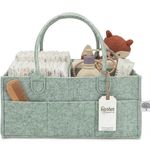 Parker Baby Diaper Caddy - Nursery Storage Bin and Car Organizer for Diapers and Baby Wipes (Sage, Large)